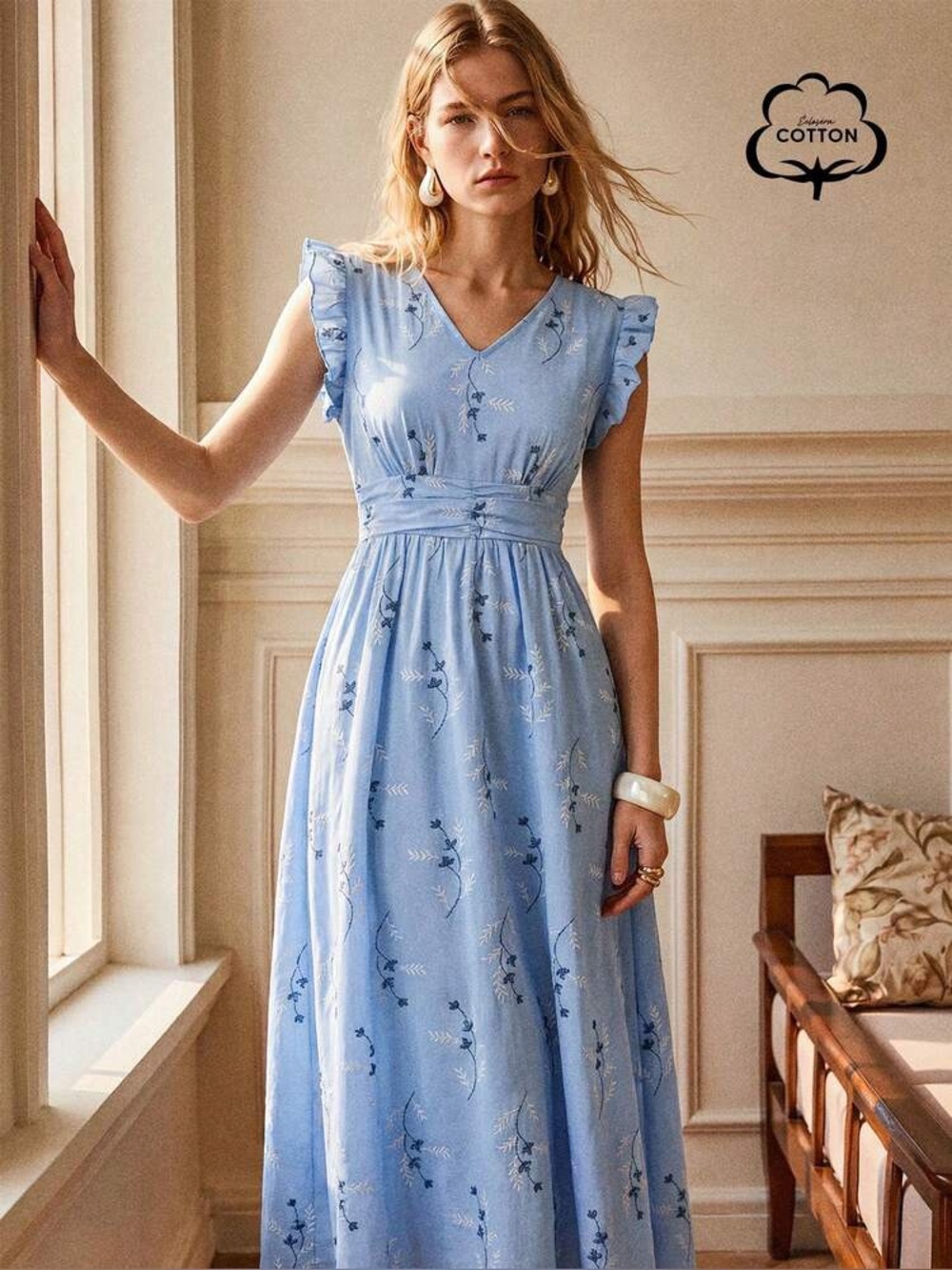 Shein Light Blue Cotton Floral Maxi Dress M